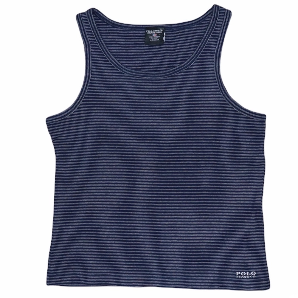 Vintage Polo Jeans Muscle Tank Top Blue White Stripe Single Stitch Large